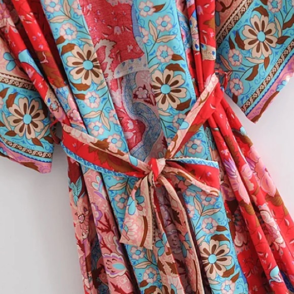SOLD OUT Bohemian Red Peacock Floral Gypsy Kimono Long Maxi Coverup Duster Robe - Picture 5 of 11